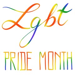 Digital hand written calligraphy in rainbow colors, red, orange, yellow, green, blue and purple. LGBT Pride month color and typography isolated on white background.
