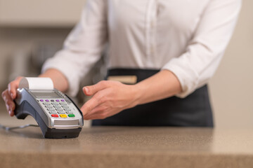 Payment via terminal, without cash, waiter or hotel administrator, Restaurant business, cafe, or hotel business
