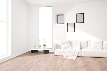 Fototapeta na wymiar modern room with sofa,pillows,plaid,table with plants interior design. 3D illustration