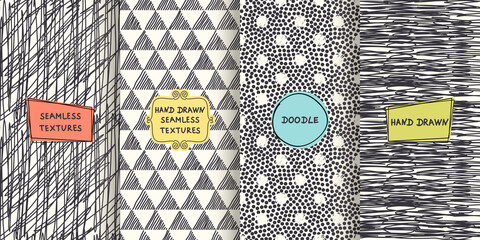 Set of seamless hand drawn texture designs for backgrounds, business cards, web design. Doodle pattern with trendy modern colorful labels. vector illustration - 358278119