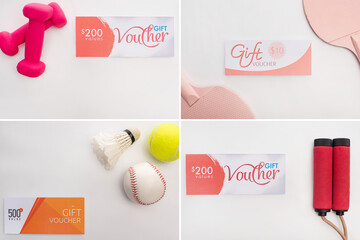 Collage of sport equipment near gift vouchers on white background