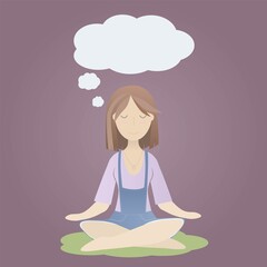 Obraz na płótnie Canvas Vector flat isolated colored girl in yoga lotus position meditating with thoughts or speech bubble and closed eyes on purple background