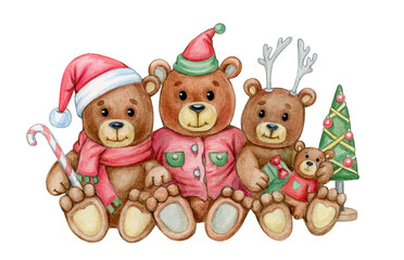Cute  bears family. Greeting card for Christmas holidays design. Watercolor illustration.