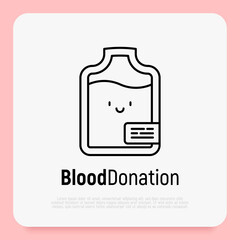 Blood donation concept: thin line blood bag icon with happy face. Vector illustration.
