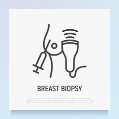 Breast biopsy thin line icon. Syringe and ultasound near the breast. Medical diagnostics of oncology. Vector illustration.