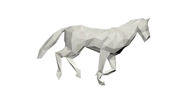 3d low poly white paper horse running against white, seamless loop