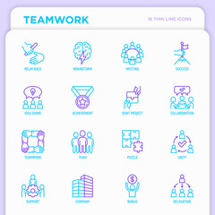 Teamwork thin line icons set: relay race, brainstorm, success, meeting, idea share, collaboration, joint project, unity, support, delegation, bonus. Modern vector illustration.