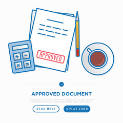 Document with red stamp Approved. Calculator, cup of coffee, pencil on the table. Vector illustration.