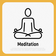 Simple sign of human in lotus pose for logo of meditation yoga school, class, spa salon. Vector illustration.