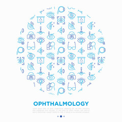 Ophthalmology concept in circle with thin line icons: laser eye surgery, eye test, eye drops, contact lenses, cataract, astigmatism, phoropter, autorefractometer, farsightedness. Vector illustration.