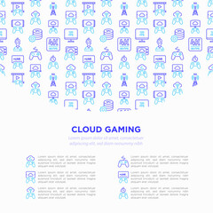 Fototapeta na wymiar Cloud gaming concept with thin line icons: play on laptop, 120 FPS, low-latency gameplay, gamepad, wi-fi, live streaming, game controller, 5G technology. Vector illustration, template with copy space.