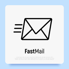 Fast mail or e-mail symbol. Envelope flying thin line vector illustration.