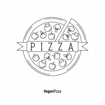 Vegan pizza with pepper, broccoli, tomatoes. Logo with thin line icons for menu design of restaurant or pizzeria. Vector illustration.