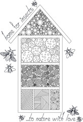 Vector linear doodle design handmade garden wooden home or hotel for insects, bees, with bugs around and text