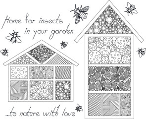 Vector linear doodle design handmade garden wooden home or hotel for insects, bees, with bugs around and text