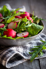 Fresh vegetable salad with radish, arugula and lettuce