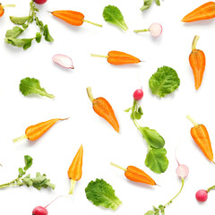 Vegetables isolated on white background. Food seamless pattern of vegetables: carrots, radishes, green tops. Top view, flat lay.