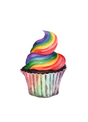 Rainbow color cream topped up on chocolate cupcake. Watercolor illustration painted by hand. For menu design, LGBT, pride party, postcard.