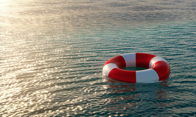 Naklejka premium Lifebuoy in ocean - 3D render illustration. Emergency lifesaver buoy in water. Saving Lives - social advertising poster with copy space. Lifeguard equipment with rope floating in sea. lifeguard day