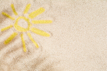 Picture of sun with hand on sand with palm shadow. Summer holiday texture design background. Copy space. Beach life