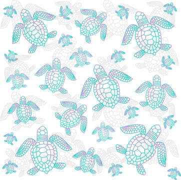 Vector linear bright colored silhouettes of turtles, seamless pattern