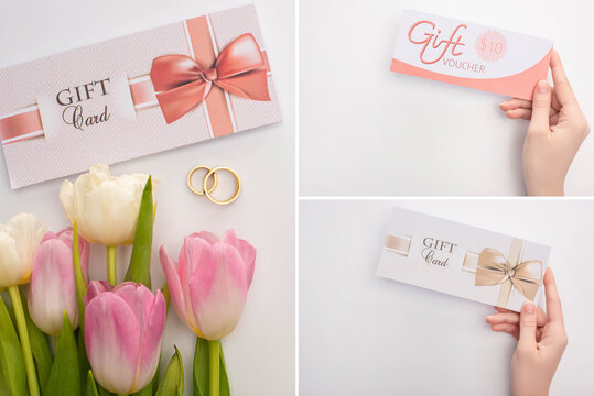 Collage of woman holding gift cards and wedding rings near flowers on white surface