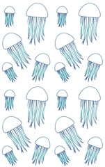 Vector isolated gradient blue colored linear jellyfish seamless pattern
