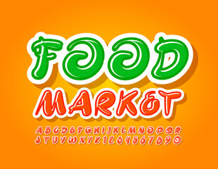 Naklejka premium Vector creative poster Food Market with Glossy Artistic Font. Handwritten Alphabet Letters and Numbers