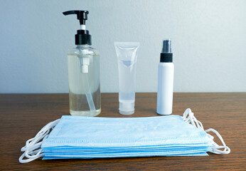 Hand sanitizer alcohol gel Antivirus protection and medical surgical masks.