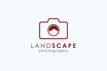 Landscape Photography Logo. Linear Camera Icon with Circle Shape Negative Space Mountain Symbol Combination isolated on White Background. Flat Vector Logo Design Template Element.