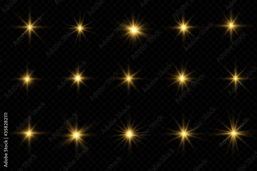 Poster Set of yellow glowing light explodes on a transparent background