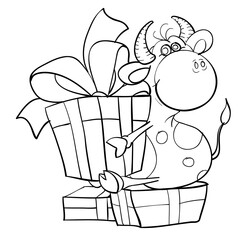 bull is sitting on a gift and holding a big box with a gift tied with a ribbon, cartoon illustration, sketch, coloring, symbol of the year, isolated object on a white background, vector illustration,