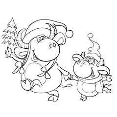 big bull and little calf in Christmas caps go holding hand and an adult bull holds a small tree in his hand, cartoon illustration, sketch, coloring, symbol of the year, 