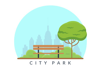 City park background. Garden landscape with bench, green tree and cityscape. Public park emblem. Vector illustration.