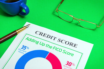 The credit score form on the green office desk with glasses and stylish pen
