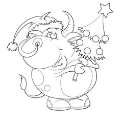 a bull in a Christmas hat is holding a Christmas tree decorated with balls, cartoon illustration, sketch, coloring, symbol of the year, isolated object on a white background, vector illustration,
