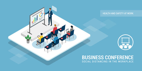 Social distancing during a business conference - obrazy, fototapety, plakaty