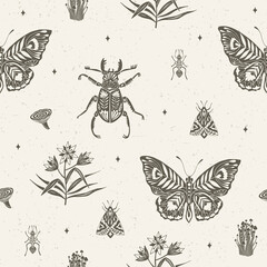 Seamless pattern with butterflies, insects and plants. Suitable for wrapping paper, leanen, textiles. Ecostyle.