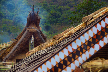 detail of roof from naga house, during hornbill festival in kohima -nagalang-india - obrazy, fototapety, plakaty