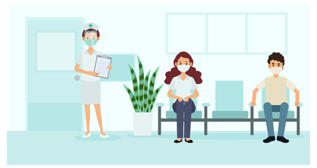 Social distancing and coronavirus covid-19 prevention: maintain a safe distance from others in hospital. Nurse and patients in the hospital. Vector illustration.