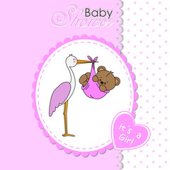Baby girl shower card. Stork with baby bear. 