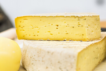 Dairy product. Fresh cheese on the table. Close-up - 358283952