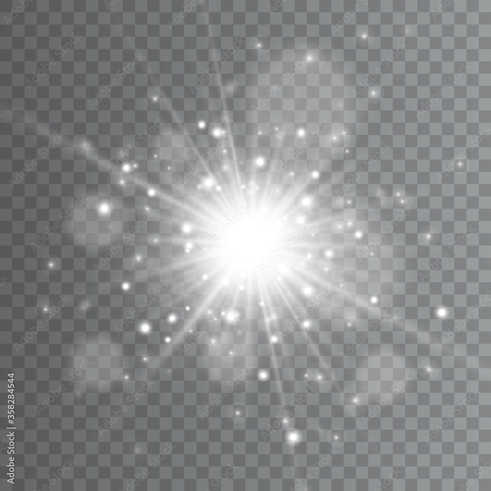 Poster Glow light effect. Sun flash with rays and spotlight. Star burst with sparkles. Vector sparkles on a transparent background.Графика и иллюстрации