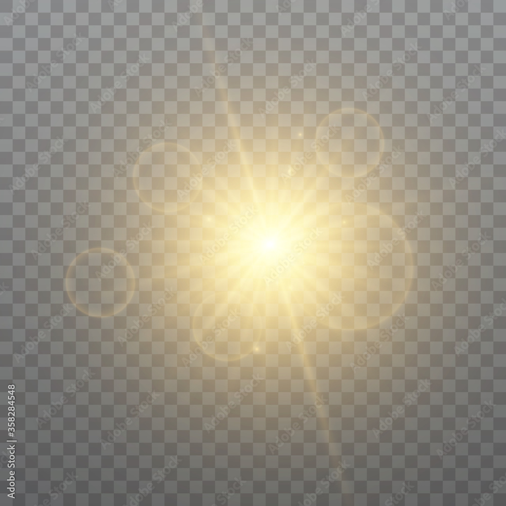 Poster Glow light effect. Sun flash with rays and spotlight. Star burst with sparkles. Vector sparkles on a transparent background.