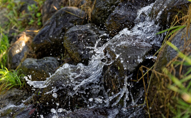 High speed capture of white water splashing down rocks surrounded by tufts of grass