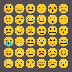 Cartoon emoji collection. Set of emoticons with different mood. Flat style vector illustration isolated on black background.