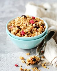 Homemade granola with berries and nuts in a bowl on a gray background