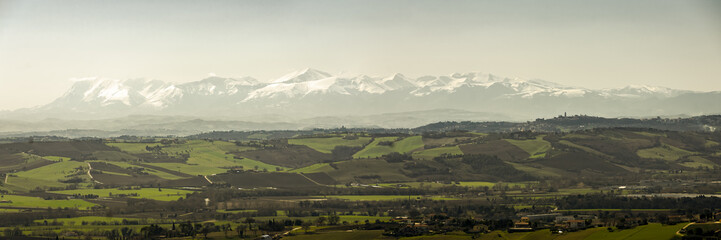 Panorama of the entire mountain range of the Sibillini Mountains (Marche region) from Recanati,...