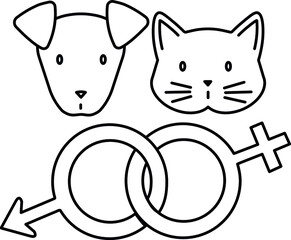 Vector linear icon of cute dog, cat, and veterinary sterilization symbol, isolated on white background
