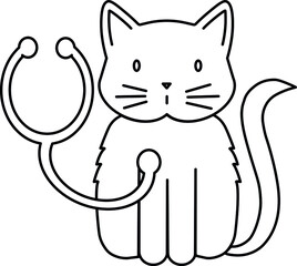 Vector linear icon of cute sitting cat with veterinarian stethoscope, isolated on white background